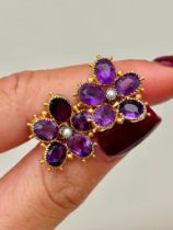 Antique Gold Amethyst and Pearl Large Pansy Earrings