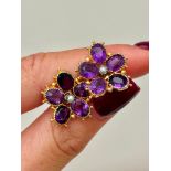 Antique Gold Amethyst and Pearl Large Pansy Earrings