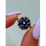 Gold Blue Enamel and Diamond Flower Ring