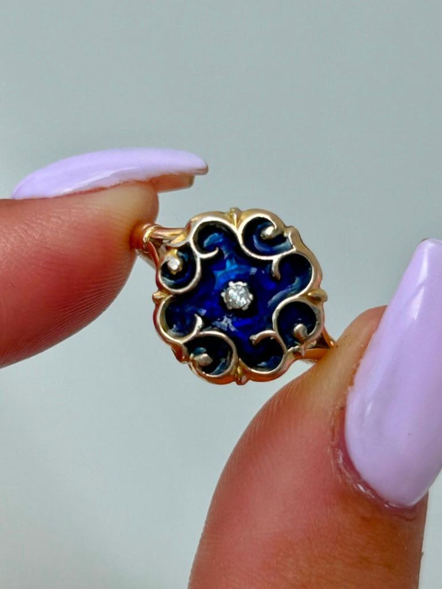 Gold Blue Enamel and Diamond Flower Ring