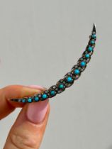 Antique Large Diamond & Turquoise Gold Crescent Moon Brooch