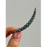 Antique Large Diamond & Turquoise Gold Crescent Moon Brooch