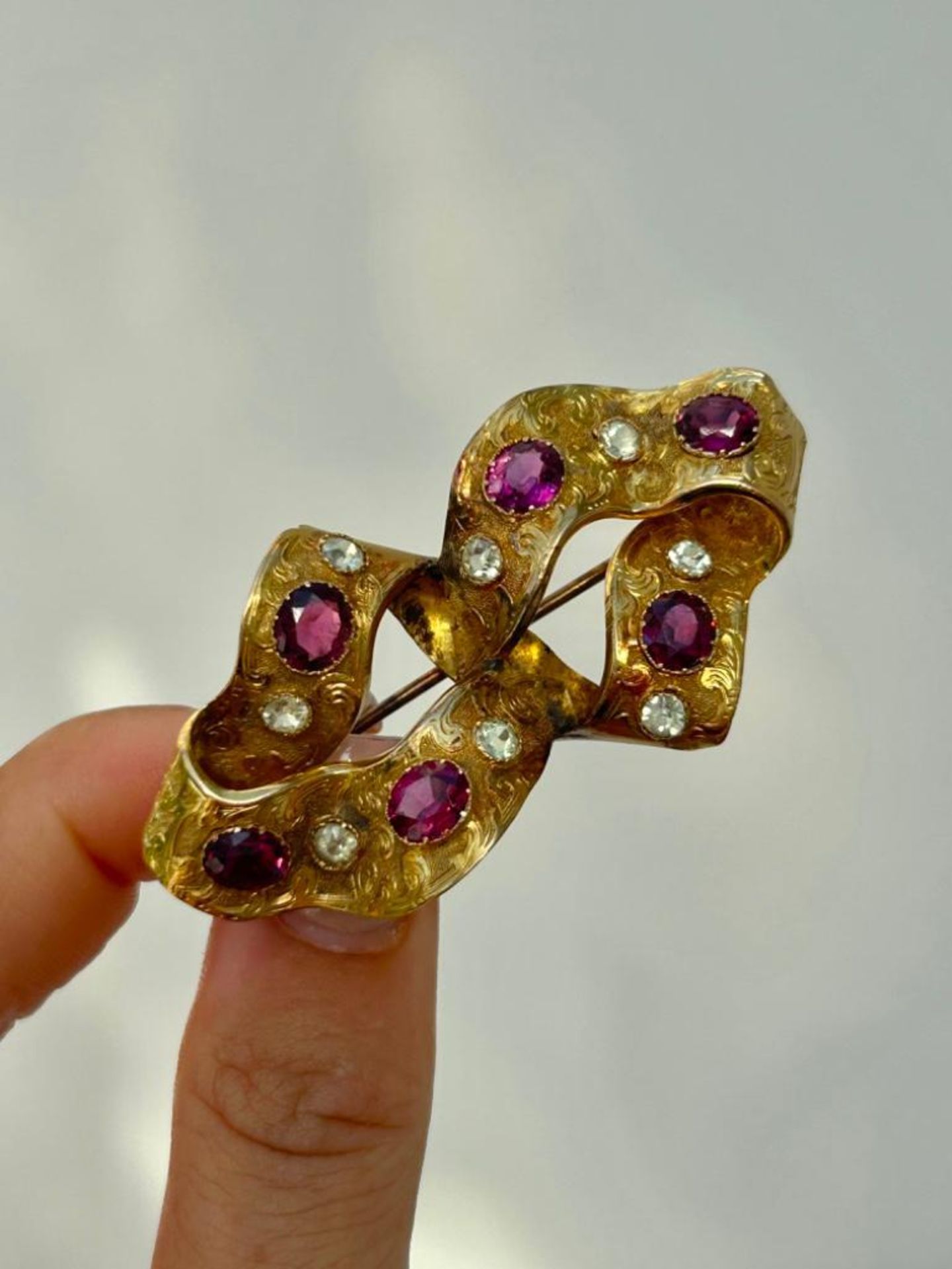 Large Antique Yellow Gold Amethyst and Topaz Bar Brooch