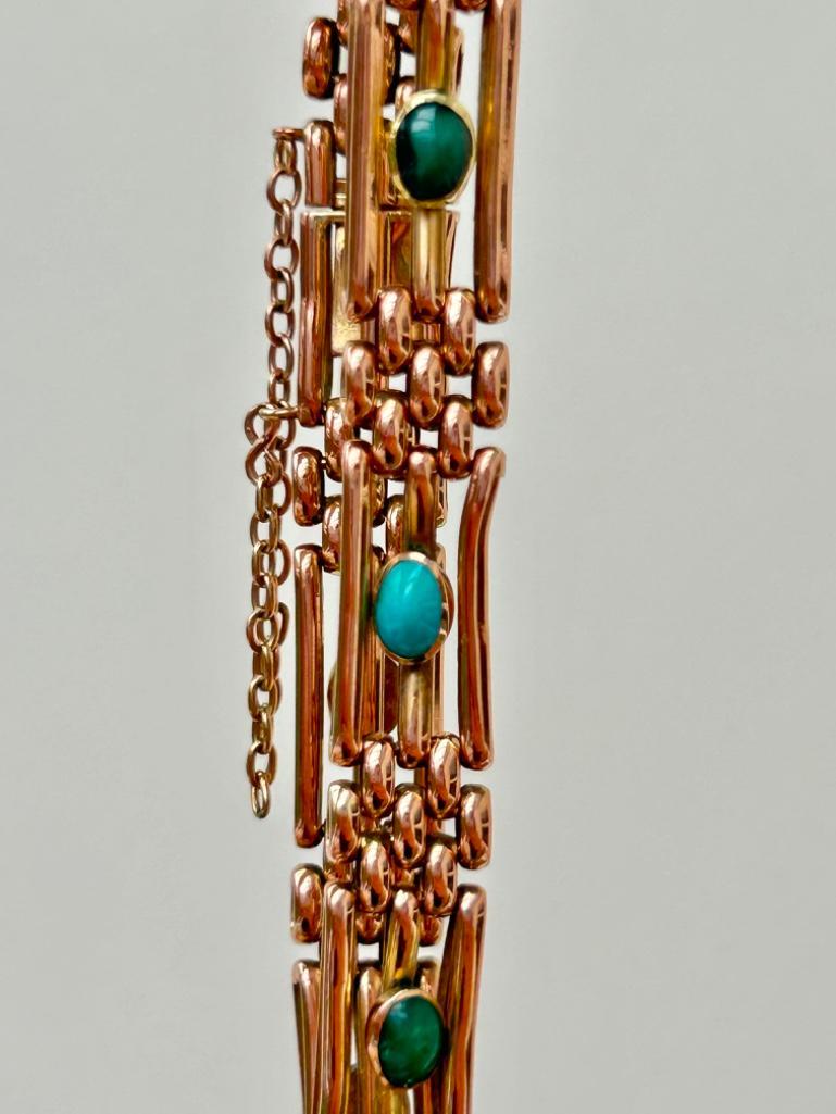 Antique Gold & Turquoise Gate Bracelet with Safety Chain - Image 7 of 7