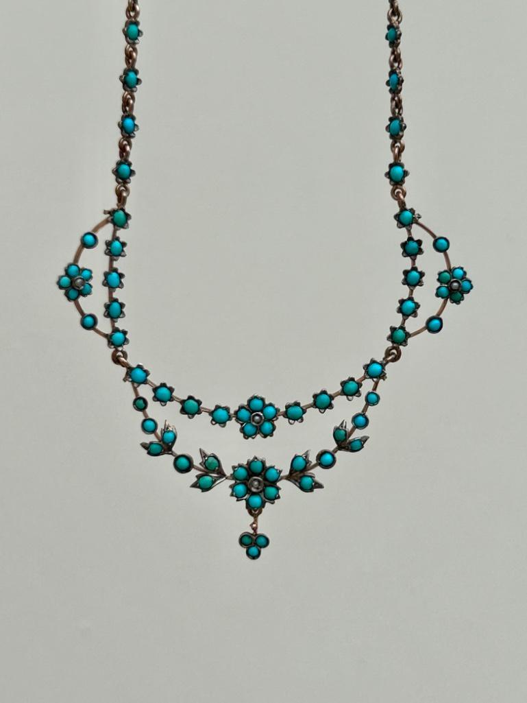 Antique Late Georgian Turquoise and Pearl Gold Necklace