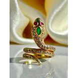 Outstanding 14ct Yellow Gold Diamond, Emerald and Ruby Coiled Snake Ring