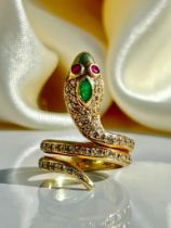 Outstanding 14ct Yellow Gold Diamond, Emerald and Ruby Coiled Snake Ring