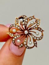 Antique Gold Pearl and Diamond Flower Pendant / Brooch