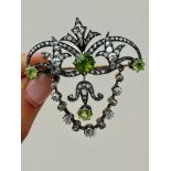 Antique Gold Large Diamond Content and Peridot Drop Brooch