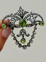 Antique Gold Large Diamond Content and Peridot Drop Brooch