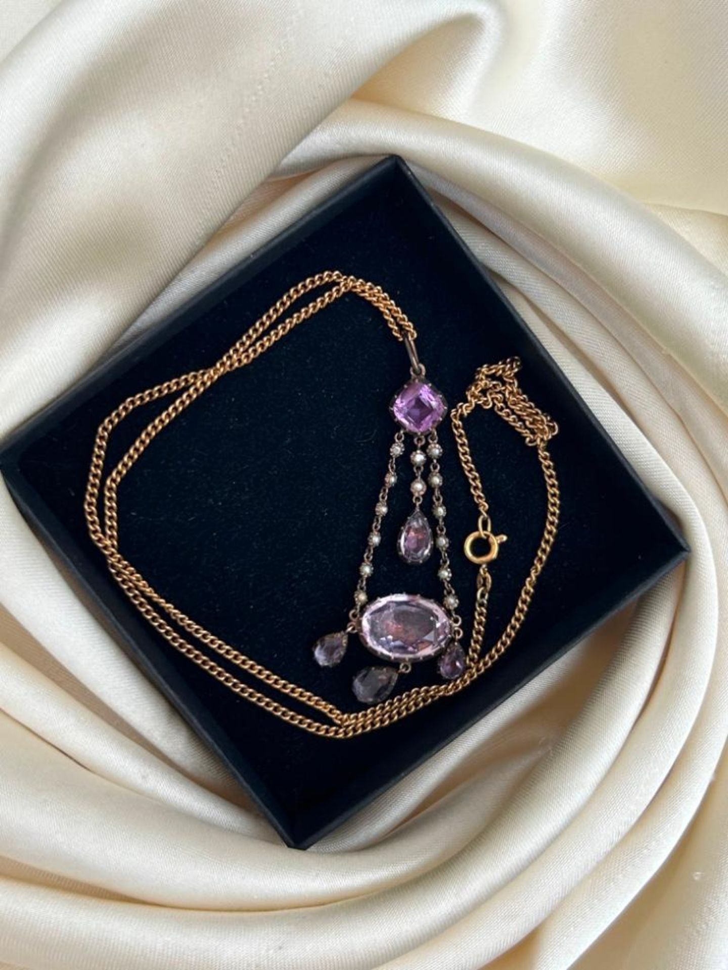 Georgian Era Foiled Amethyst and Pearl Pendant on Chain - Image 4 of 6