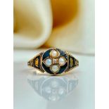 Antique 18ct Yellow Gold Black Enamel Mourning Ring with Pearl Diamond Flower Locket Back