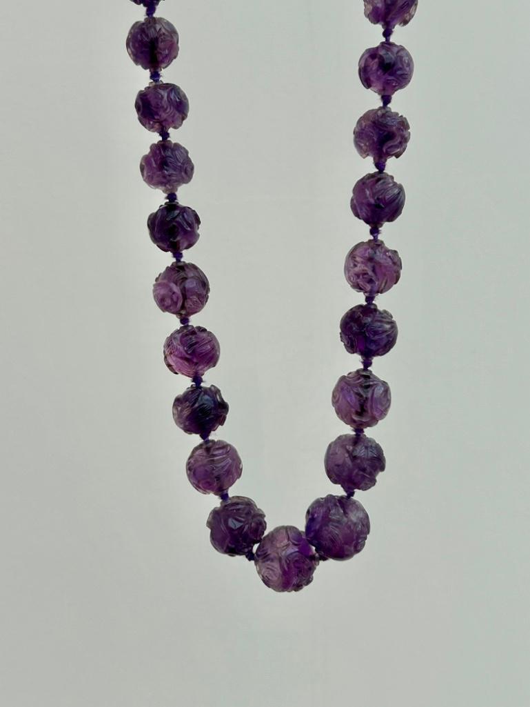 Amazing Carved Amethyst Long Bead Necklace - Image 3 of 6