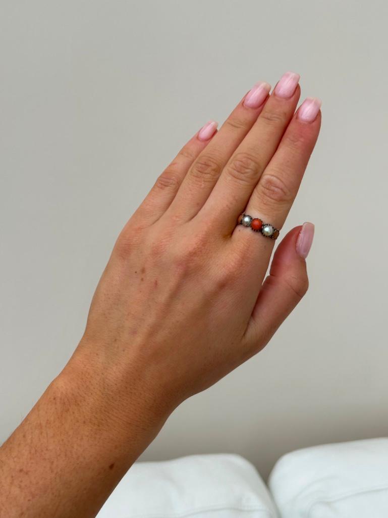 Antique Georgian Era Coral and Pearl Half Hoop Ring in Gold - Image 4 of 7