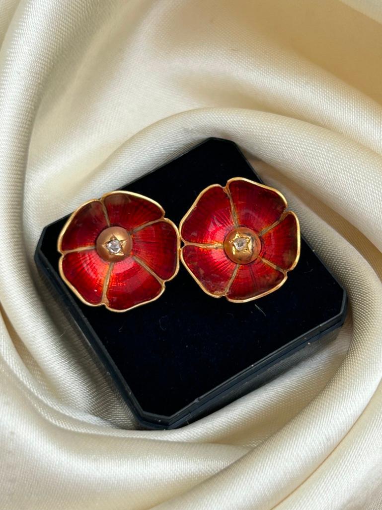 Antique 18ct Yellow Gold Rose Cut Diamond and Enamel Flower Clip Back Earrings - Image 6 of 7