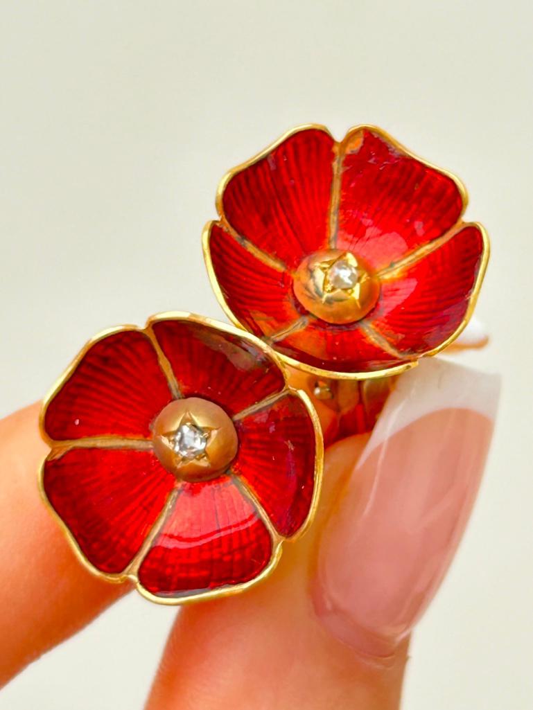 Antique 18ct Yellow Gold Rose Cut Diamond and Enamel Flower Clip Back Earrings - Image 5 of 7