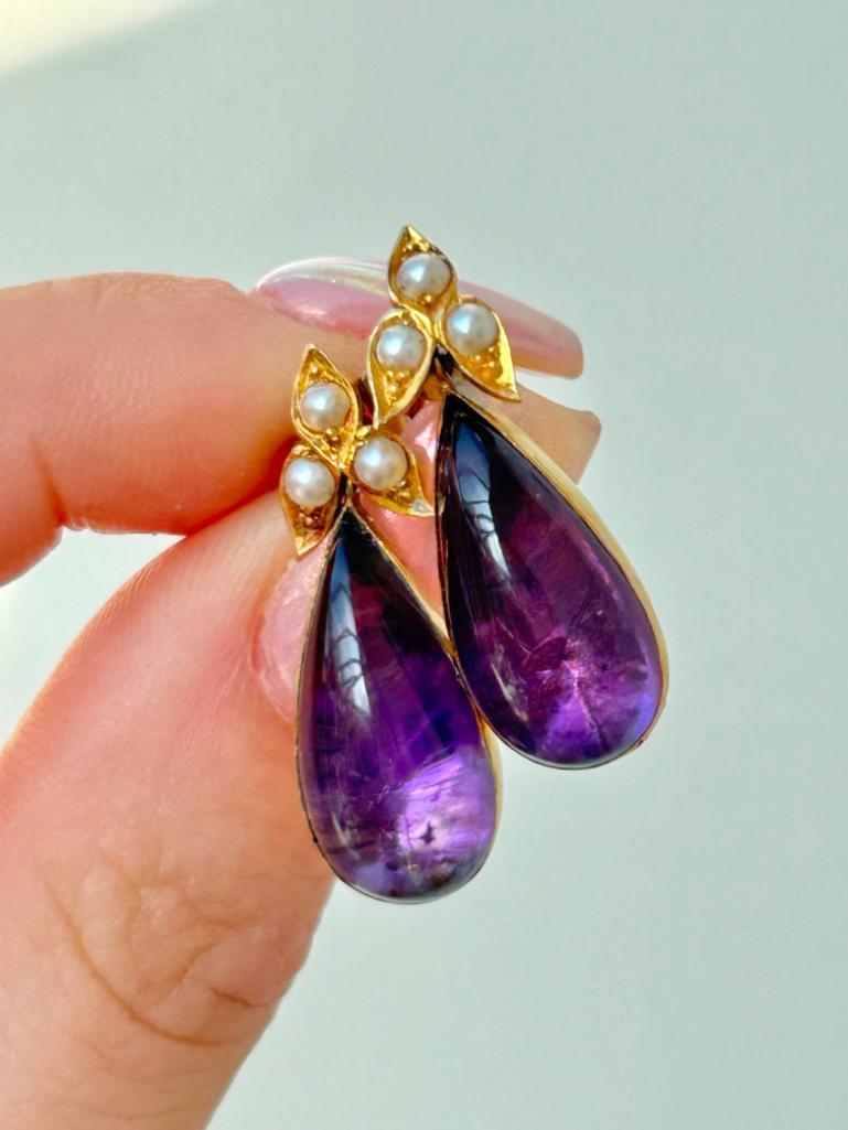 Antique Gold Cabochon Amethyst and Pearl Drop Earrings - Image 4 of 7