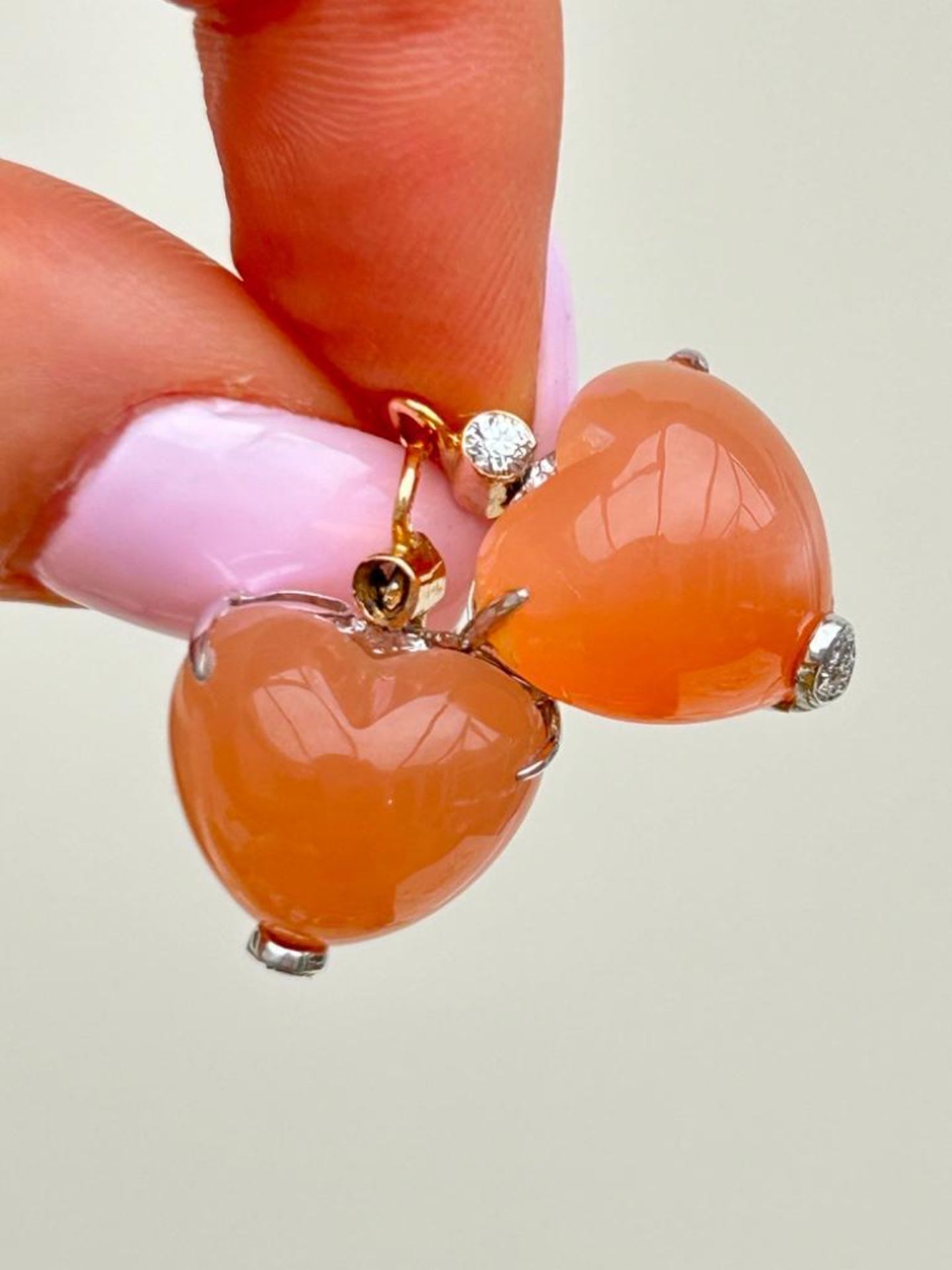 Amazing Pink Moonstone and Diamond Heart Earrings in Gold - Image 9 of 11