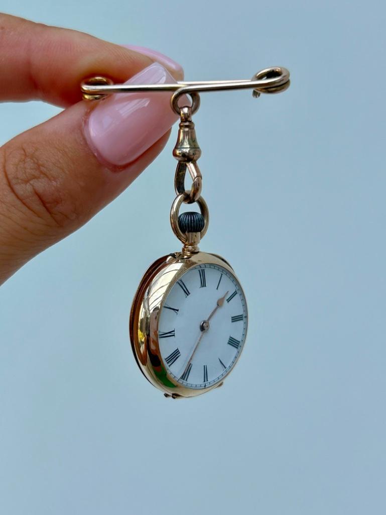 Antique Fitted Original Box 14ct Gold Pocket Watch with Safety Pin Brooch Fastener - Image 5 of 5