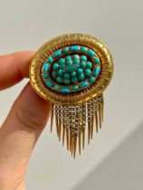 Antique Turquoise Tassel Locket Back Brooch 15ct Yellow Gold