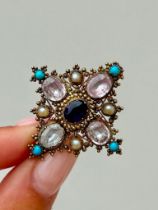 Georgian Pink Topaz, Amethyst, Pearl and Turquoise Brooch