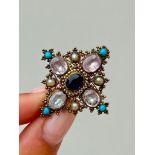 Georgian Pink Topaz, Amethyst, Pearl and Turquoise Brooch