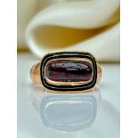 Georgian Era Cabochon Garnet and Black Enamel Mourning Ring in Gold