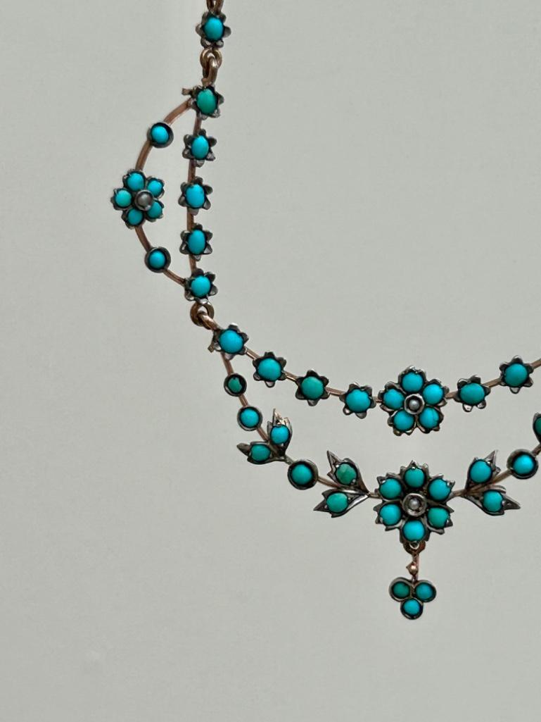 Antique Late Georgian Turquoise and Pearl Gold Necklace - Image 4 of 7
