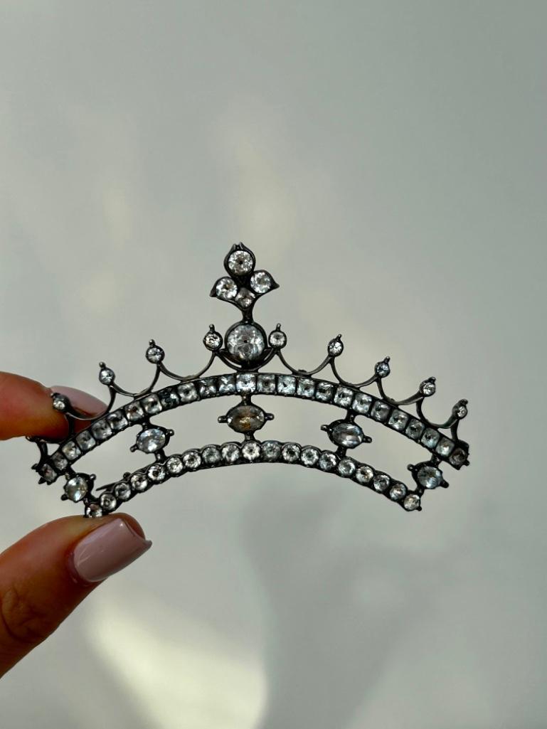 Georgian Era Black Dot Paste Large Silver Tiara Brooch