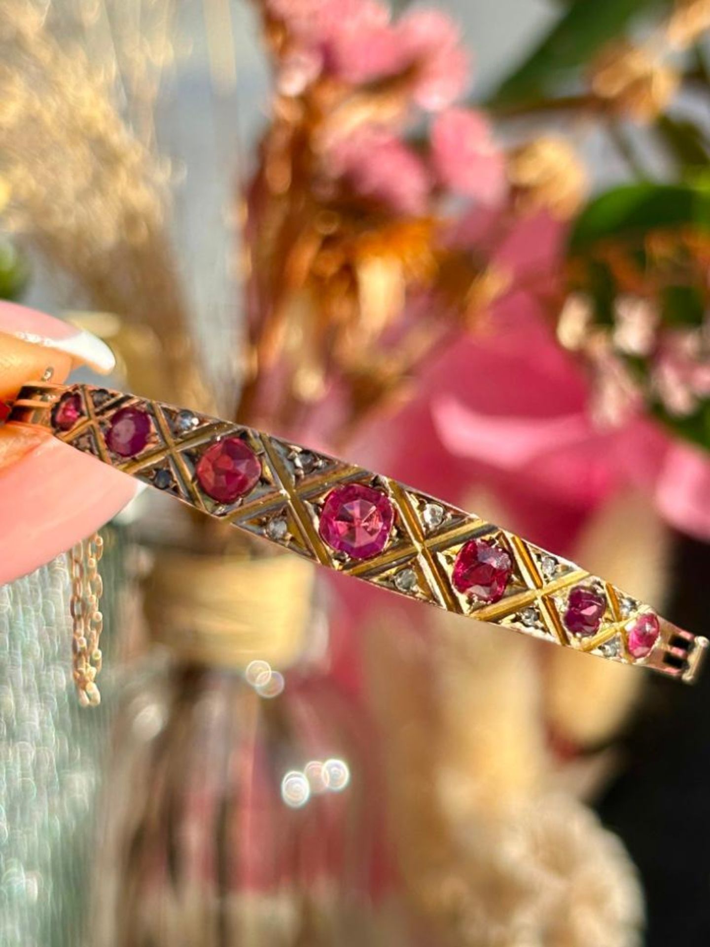 Antique Gold Pink Tourmaline and Diamond Bangle Bracelet - Image 10 of 11