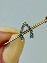 Antique Turquoise and Pearl Gold Wishbone Brooch