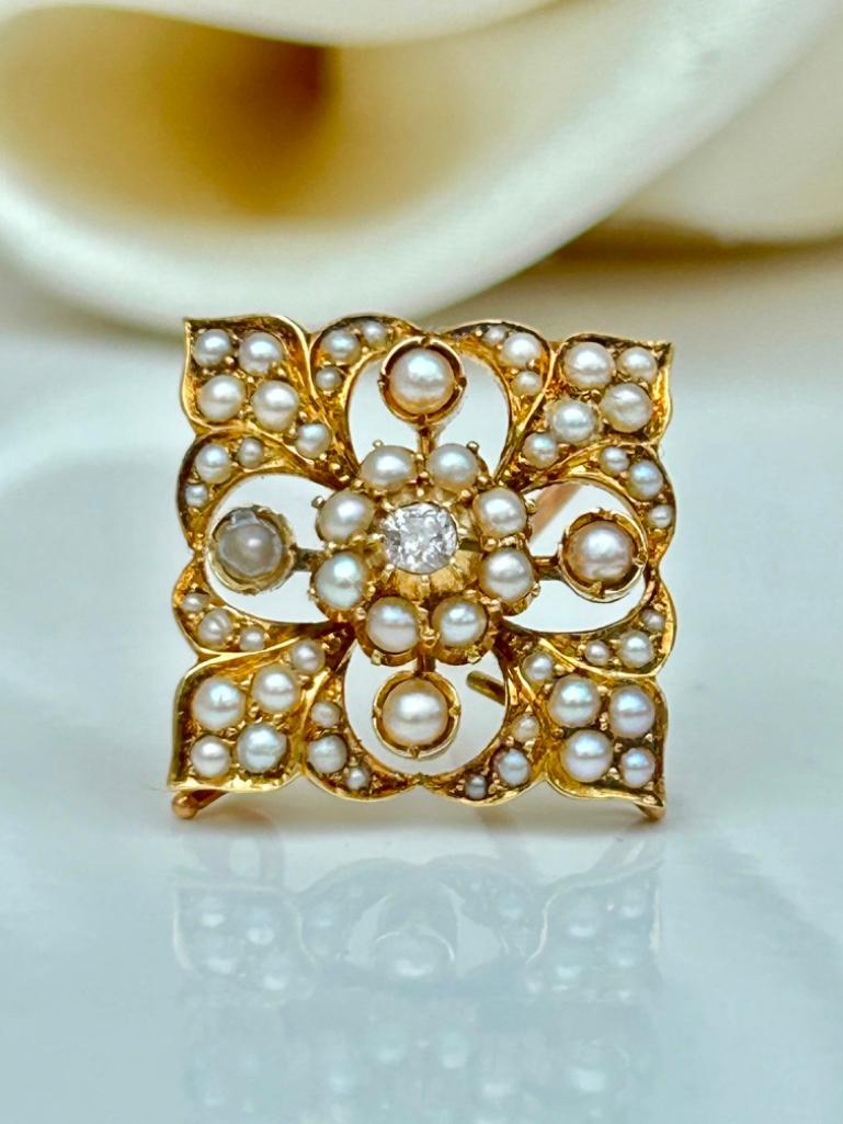 Antique Gold Pearl and Diamond Flower Pendant with Brooch Fittings