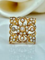 Antique Gold Pearl and Diamond Flower Pendant with Brooch Fittings