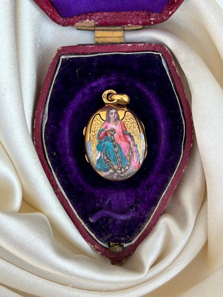 Rare Antique Enamel and Rose Cut Diamond Locket Pendant in Antique Velvet Box - Image 6 of 9