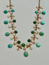 Antique Boxed Turquoise and Pearl Necklace in Gold