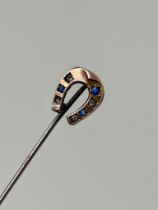 Antique Gold Sapphire and Diamond Horseshoe Stick Pin Brooch