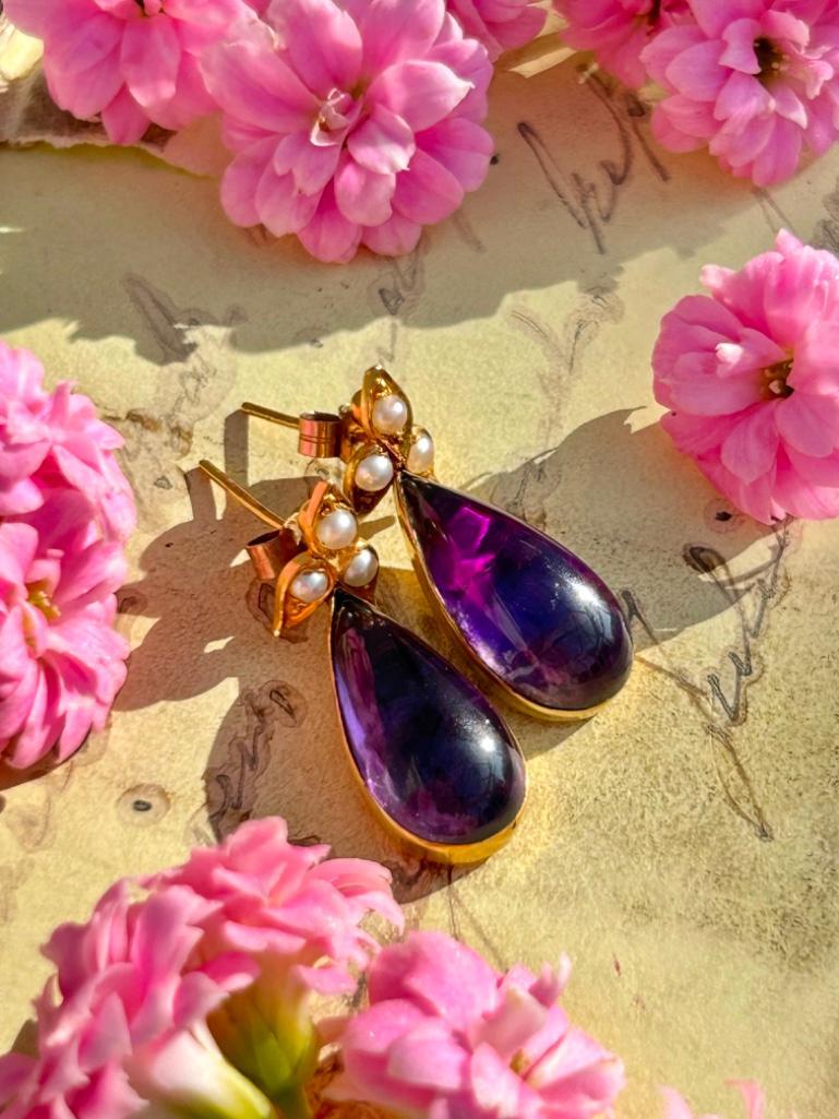 Antique Gold Cabochon Amethyst and Pearl Drop Earrings