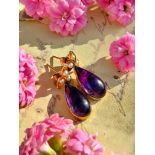 Antique Gold Cabochon Amethyst and Pearl Drop Earrings