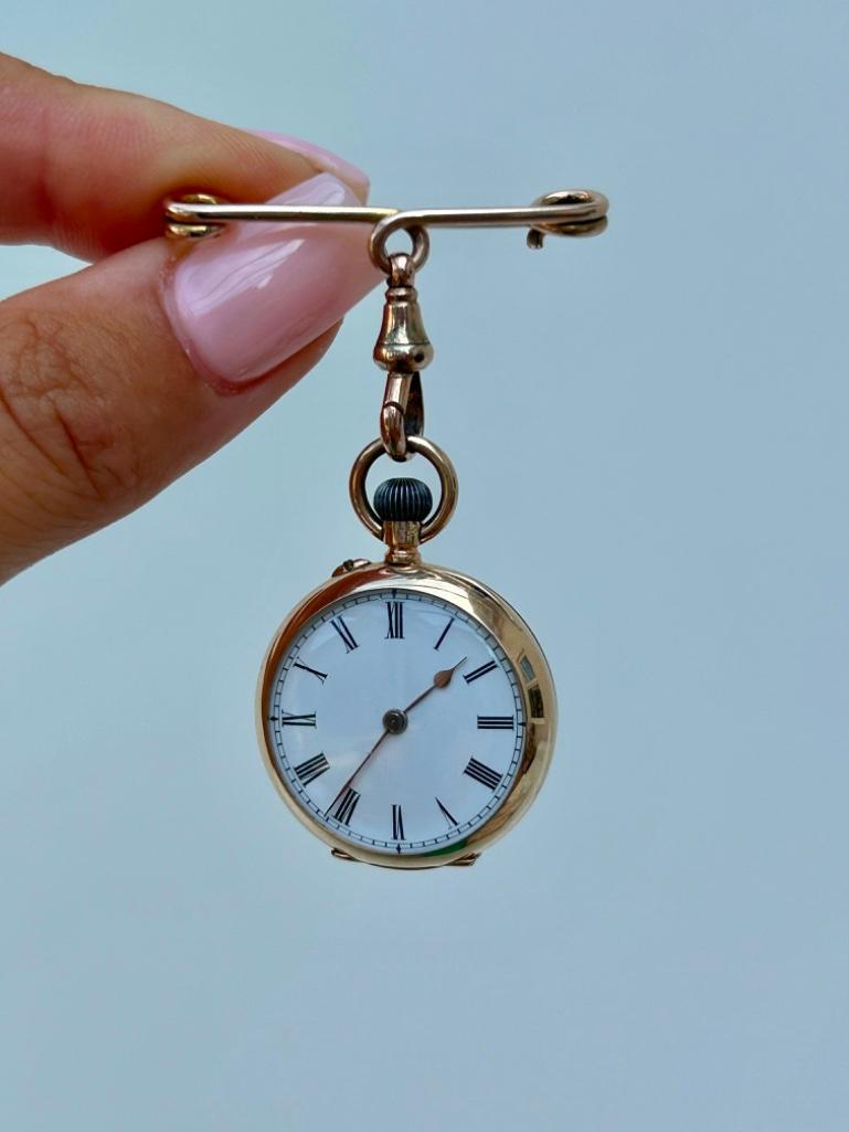 Antique Fitted Original Box 14ct Gold Pocket Watch with Safety Pin Brooch Fastener - Image 2 of 5