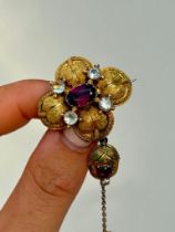 Victorian Garnet and Chrysoberyl Pretty Flower Gold Brooch with Drop