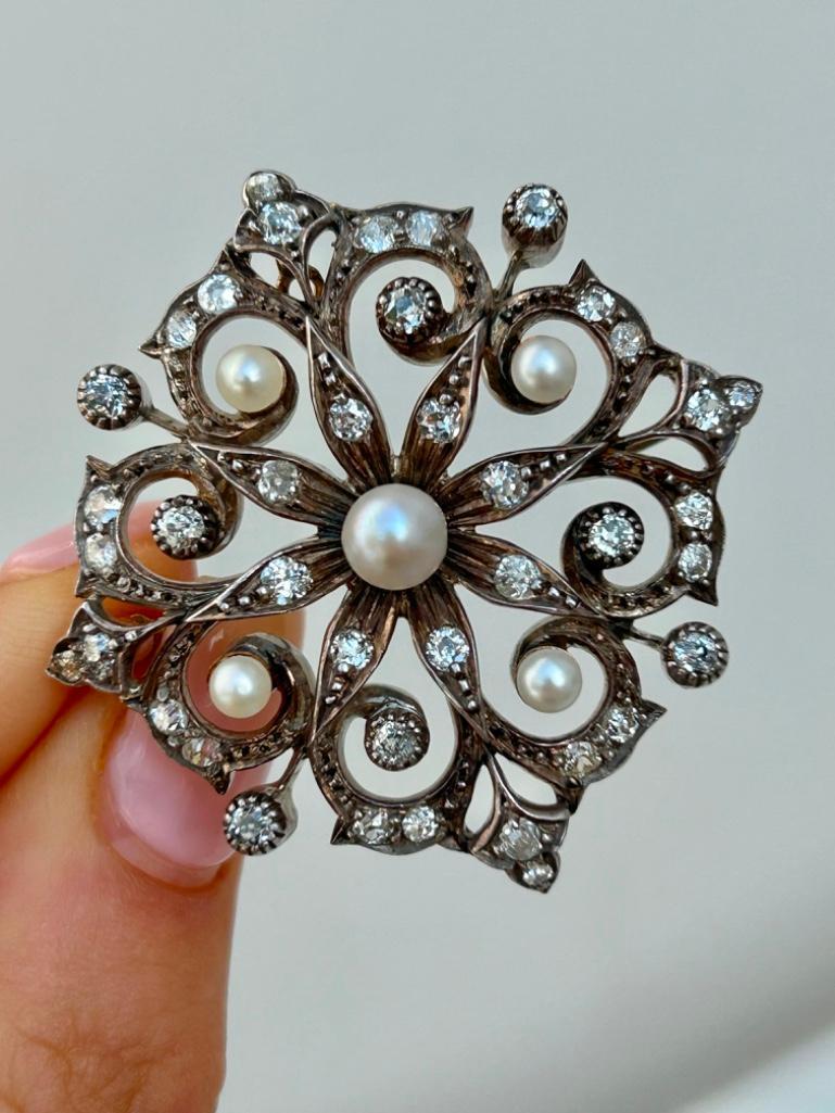 Antique Large Size Gold Pearl and Diamond Starburst / Flower Brooch / Pendant