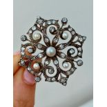 Antique Large Size Gold Pearl and Diamond Starburst / Flower Brooch / Pendant