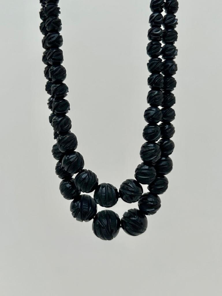 Amazing Antique Whitby Jet Carved Bead Necklace with DogClip Fastener