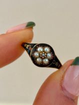 Antique “in memory of” Black Enamel and Diamond Flower Ring