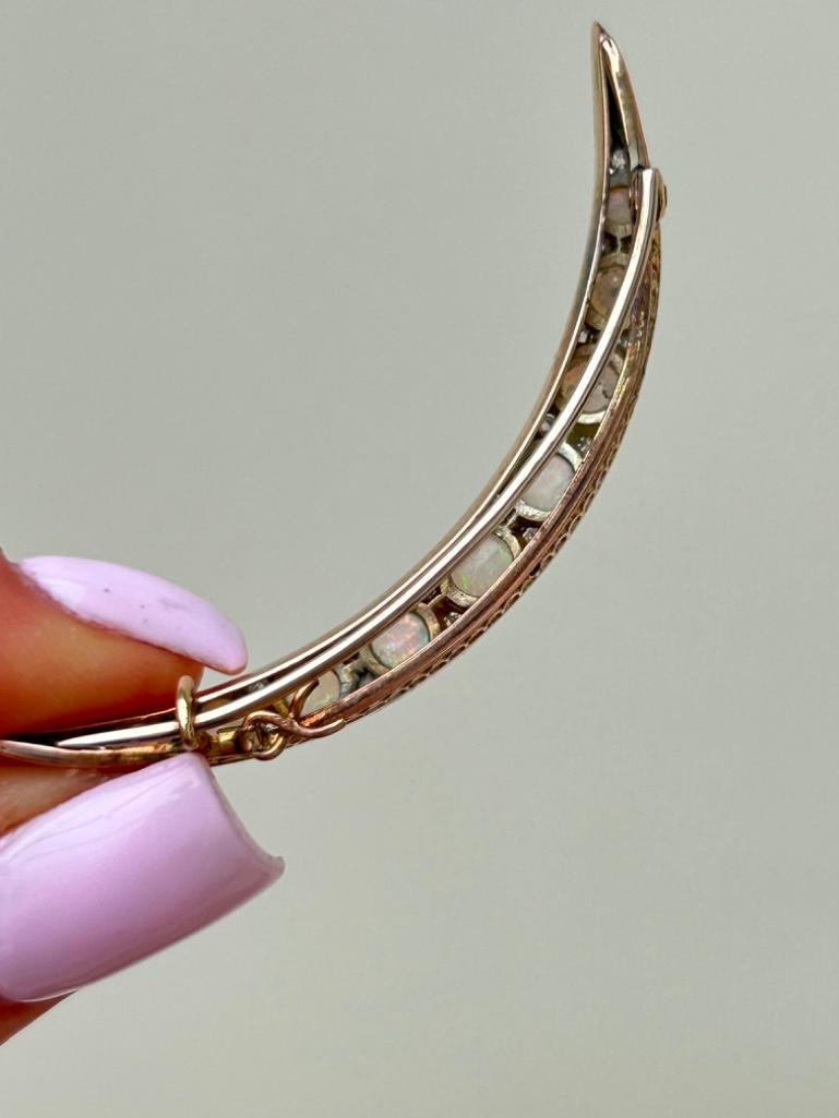 Antique Opal and Diamond Gold Crescent Brooch - Image 4 of 5