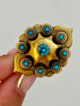 Antique Large Locket Back Gold and Turquoise Brooch