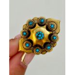 Antique Large Locket Back Gold and Turquoise Brooch