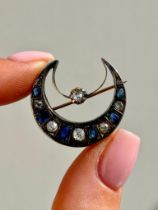 Antique Yellow Gold Sapphire and Diamond Crescent Brooch