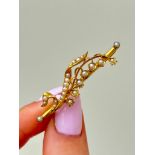 Amazing Antique 9ct Yellow Gold Pearl Lily of the Valley Brooch with Safety Chain