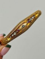 Antique Victorian Star Ruby Diamond and Pearl 9carat Bangle Bracelet